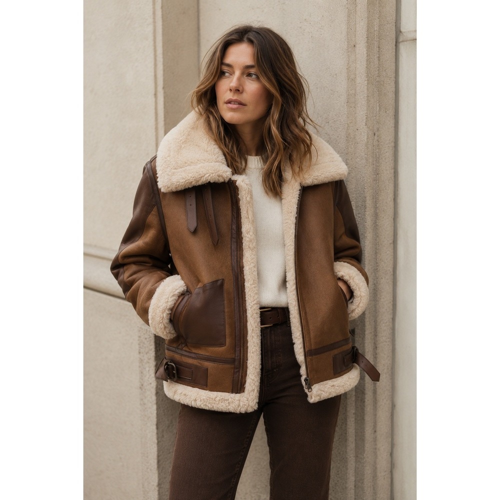 Choosy Faux Leather Shearling Aviator Jacket‎ Brown Pilot Coat Mixed Media